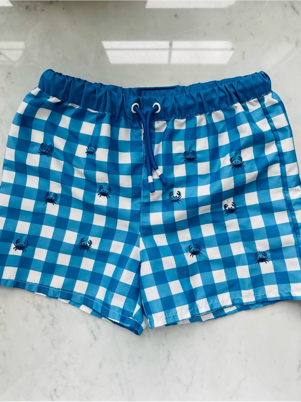 Jacadi Blue and White Gingham Swim Trunks with Crab Motif Boys Size 6
